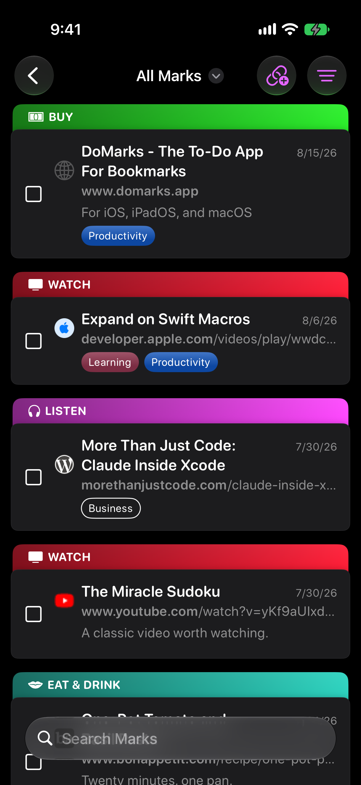 The All Marks list on iPhone